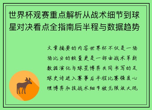 世界杯观赛重点解析从战术细节到球星对决看点全指南后半程与数据趋势 世界杯观赛重点解析从战术细节到球星对决看点全指南后半程与数据趋势