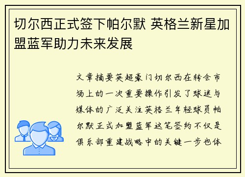 切尔西正式签下帕尔默 英格兰新星加盟蓝军助力未来发展