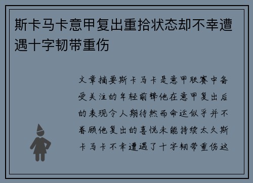 斯卡马卡意甲复出重拾状态却不幸遭遇十字韧带重伤 斯卡马卡意甲复出重拾状态却不幸遭遇十字韧带重伤